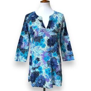 🍀Sal E Mare Womens Tunic Top Blue Floral 3/4 Sleeve Pullover Cotton Notch Neck M